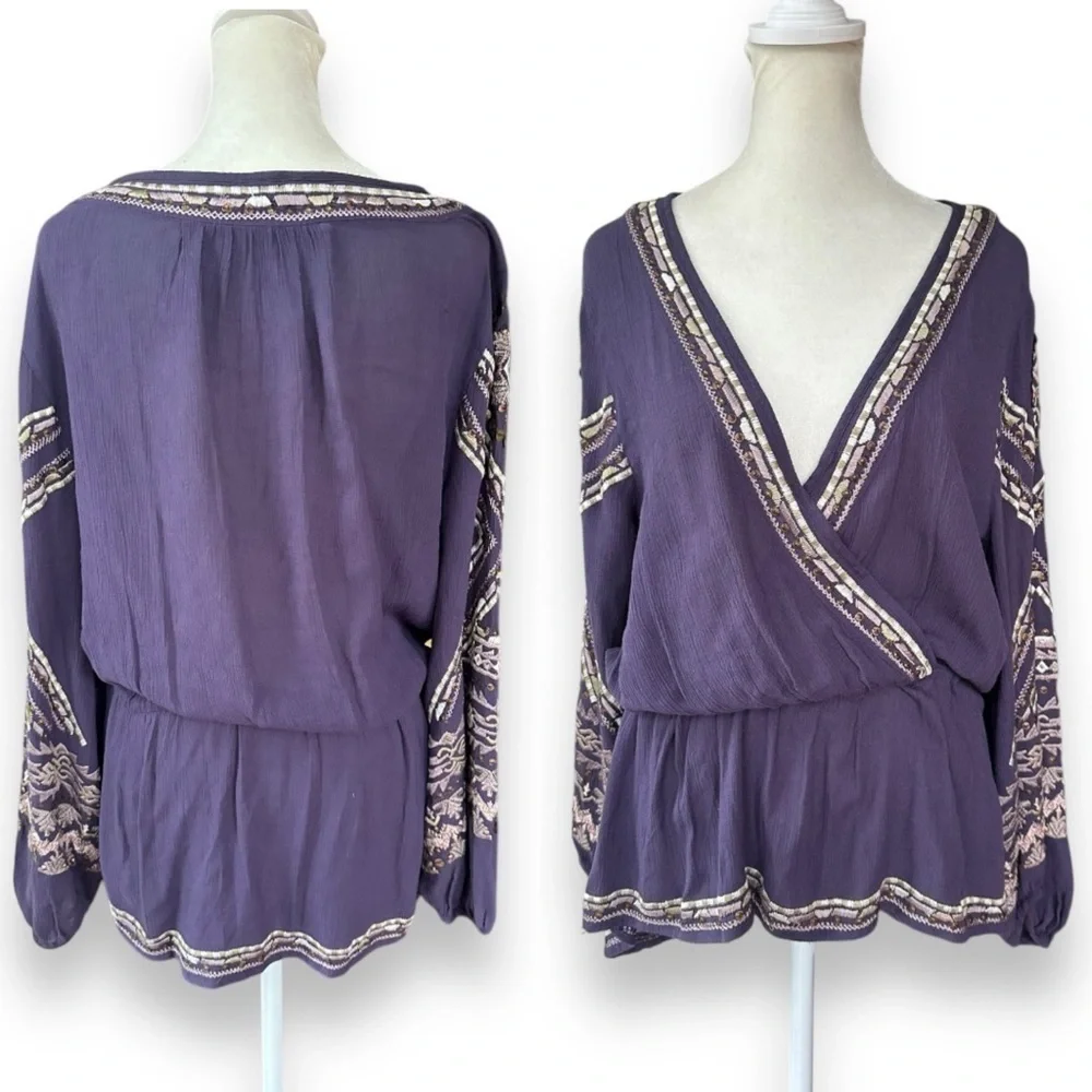 Free People Stitch Up Your Heart Purple Beaded Embroidered Blouse | Size Medium